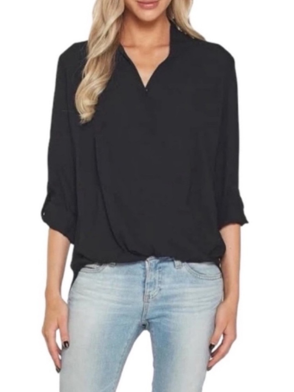NEW Pleione Black V-Neck Long Sleeve Blouse Size Small